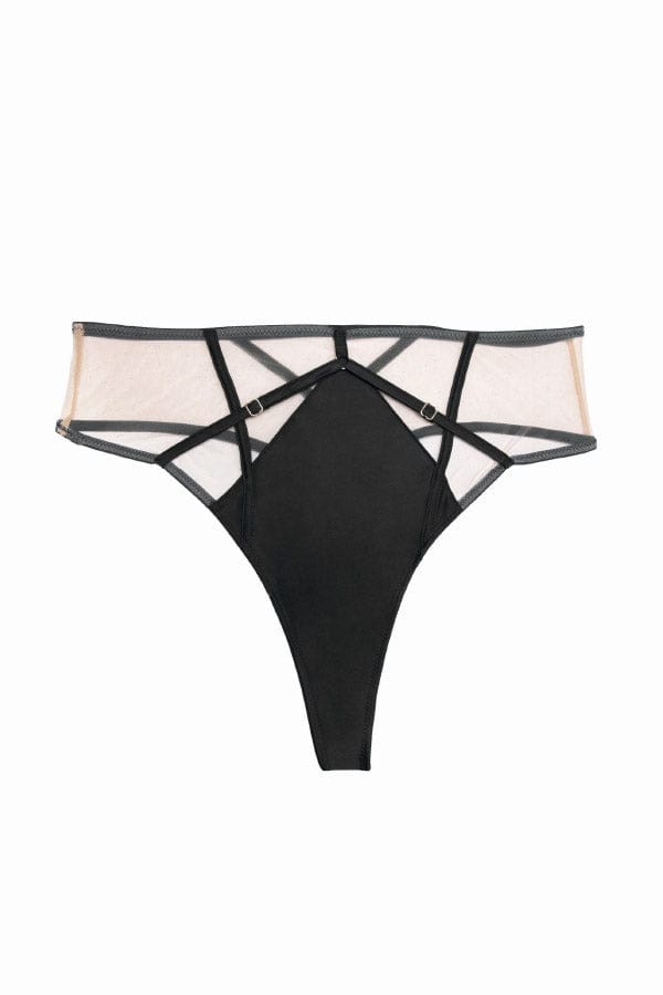 Playful Promises Underwear Ramona Black Mesh High Waisted Thong- Black