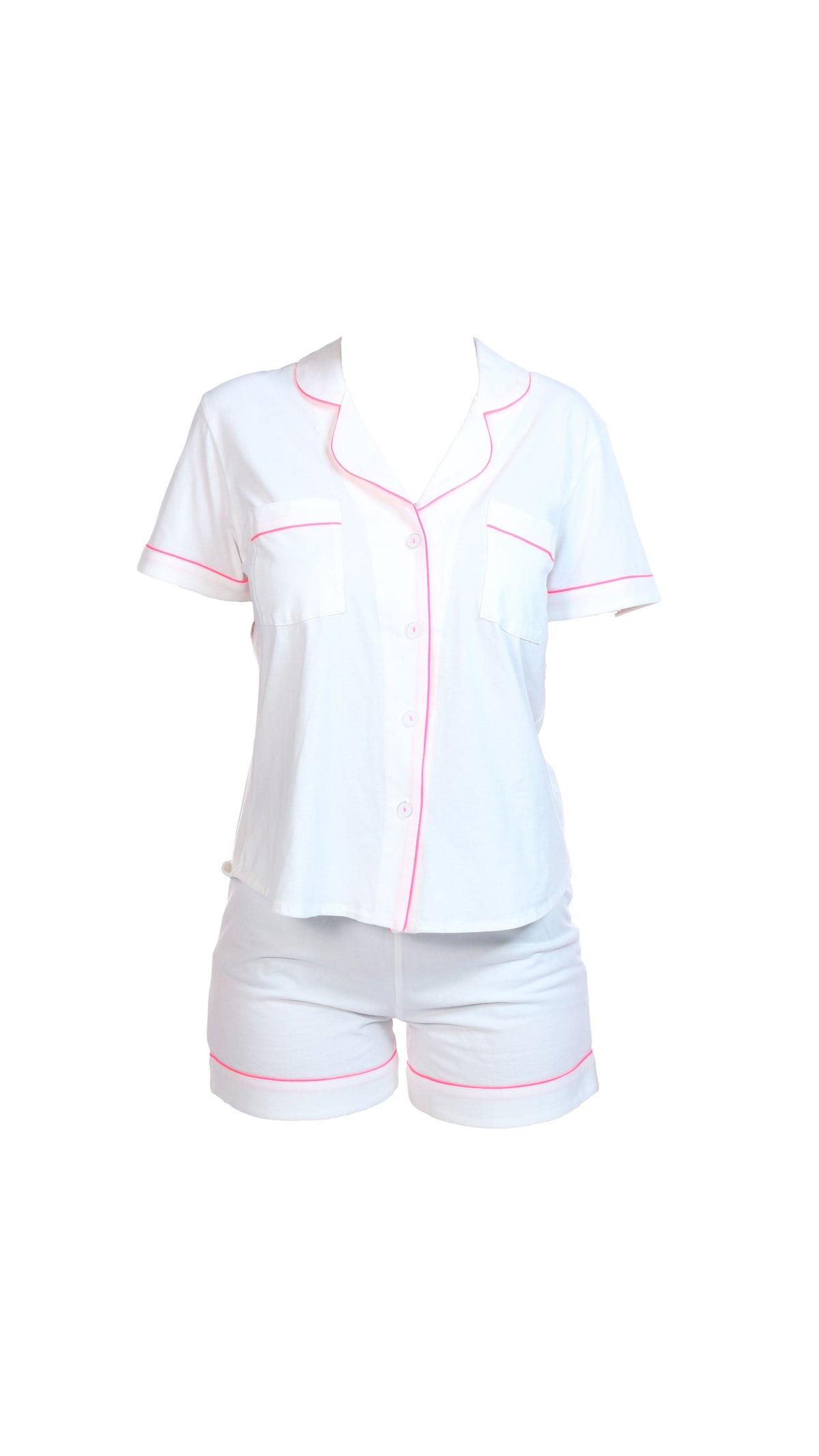 Salua Set Classic Shorty Pajamas in Brushed Pima Cotton - White &amp; Pink