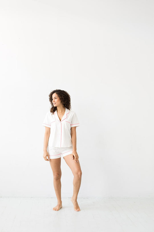 Classic Shorty Pajamas in Brushed Pima Cotton - White & Pink