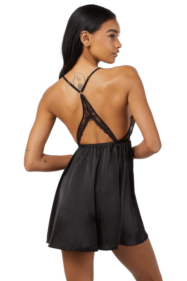 Wolf &amp; Whistle After Dark Elise Embroidery Babydoll &amp; Thong Set - Black